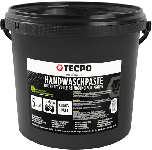 TECPO Pasta per lavaggio a mano, 5 litri, detergente professionale per le mani contro lo sporco ostinato come olio, grasso, fuliggine, pasta di lavaggio, sapone, officina, auto, cura e pulizia