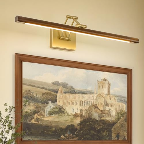 VitaLink Picture Lights for Wall, Hardwired 27.5 Long Gold Wall Picture Artwork Paintings Display Lighting Swing Arms Wooden Wall Lamp Bathroom Vanity Light Dimmable 5CCT