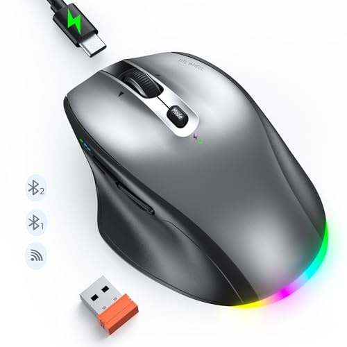 Wireless Bluetooth Mouse for Laptop, LED Ergonomic Mouse with Muitl Device 2.4G Wireless USB +BT1+BT2, Portable Rechargeable Bluetooth Mouse for Laptop PC Computer, Tilt Wheel 4-Way Scrolling Mice