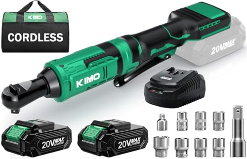 KIMO - Llave de carraca inalámbrica de 20 V, juego de 1/2 pulgadas, llave de carraca eléctrica de 400 rpm, carraca a batería con 7 enchufes, barra de extensión de 3 pulgadas, adaptador de 3/8 pulgadas