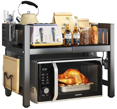 Yolispa Erweiterbares Mikrowellen Regal 2 Stufiges Stehend Mikrowellenregal Organizer mit Stäbchen und Schneidebret Stehend Mikrowellen Bäckereiregale mit 6 Haken Ausziehbar von 40-64cm