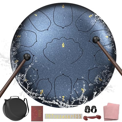 Steel Tongue Drum, 12 Inches 13 Notes Rain Drum for Outside Garden, Rain Chime Hand pan with Music Book, Mallets, Rain Chime Waterproof, Hand Pan Instrument Outdoor