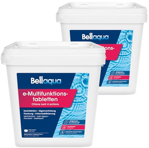 BELLAQUA Chlore Lent Multifonction Piscine 2 x 5kg Galet Traitement Complet | Galets 200g, 4 en 1, dissolution lente & action longue durée, 1 galet / 20-30 m³ par semaine, skimmer ou doseur flottant
