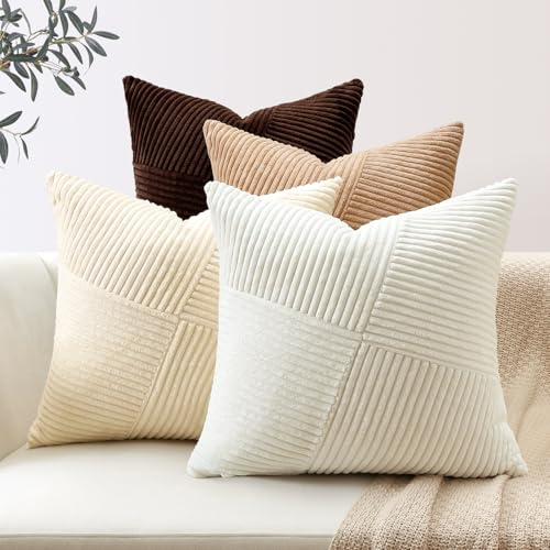 Sungeek 4er Set Cord Kissenbezüge, Windmühle Streifen Kordsamt Kissenbezug Sofakissen Dekokissen Patchwork Design Deko Zierkissenbezüge Kissenhülle für Wohnzimmer (60x60cm, Braun Creme Weiß)