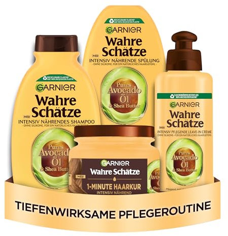 Garnier Set per la cura dei veri tesori con shampoo, balsamo, maschera e leave-in, con olio di avocado e burro di karitè per capelli molto secchi, ondulati, ricci e spessi, adatto a tutti i tipi di
