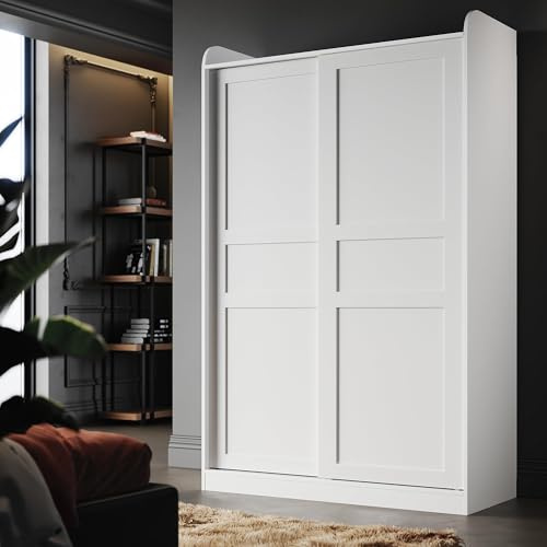 ELEGANT Modern White Sliding Door Wardrobe with Matte Finish, Hanging Rod, and Removable Panels (D1 pattern), W118xD50xH186cm