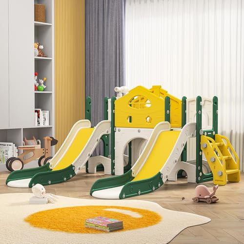 FOERPL Toboggan Double pour Tout-Petits, Aire de Jeux intérieure avec 2 toboggans, télescope, Tunnel, escalier – Ensemble Toboggan Autoportant pour Chambre d'enfant,Cadeau