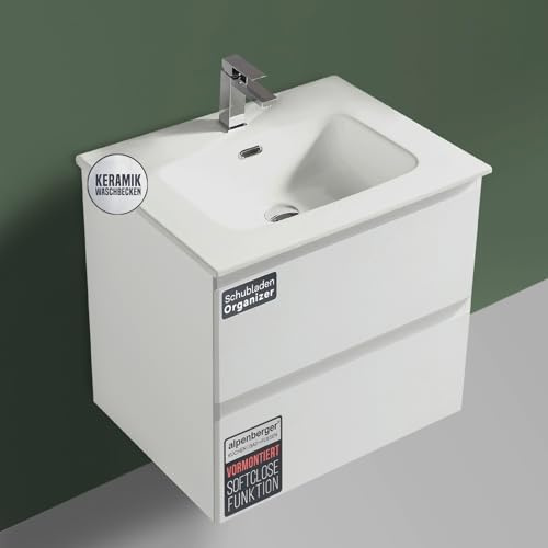 Alpenberger Waschbecken mit Unterschrank 60 cm Breit | Waschtisch für Gäste WC und Badezimmer | Waschbeckenunterschrank Weiß mit Schubladen | Badmöbel Hängend & Keramik Aufsatzwaschbecken