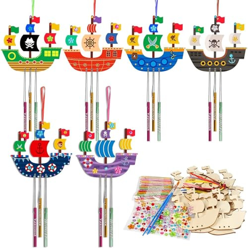 CHUANFU 10 Pièces Bateau Pirate Kit Bricolage Carillon à Ventm, Carillon Éolien pour Enfants en Bois à Peindre, Kits de Bricolage en Bois pour Enfants avec Motifs de Pirates, pour Garçon Fille