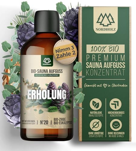 NORDHOLZ® Saunaaufguss BIO #20 Erholung - 100ml Sauna Aufgussmittel - natürlicher Sauna Duft - Manufaktur aus Franken - Sauna Zubehör