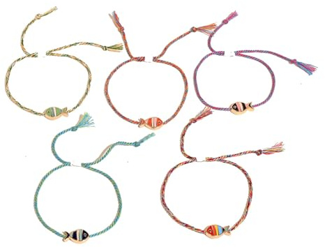 CHAKRA HEALING REIKI CHR Juego de 5 pulseras de pescado para mujer, ajustables, tejidas a mano, pulseras coloridas de animales de peces pequeños, bohemias, para verano, playa, vacaciones, M, Metal