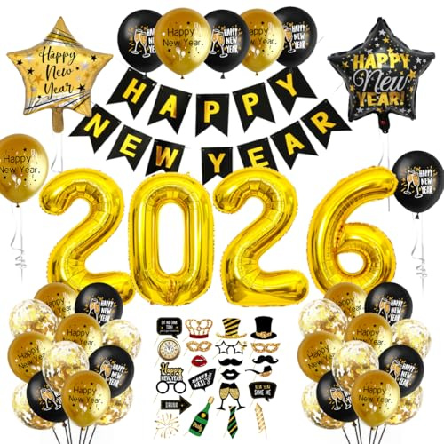 Silvester deko 2026, XXL Dekoration Set, Neujahr Silvesterdeko,Happy New Year 2026 Deko,Girlande + Folienballons + Foto Requisiten+ Konfetti Ballons, Party Deko Accessoire für Silvesterparty