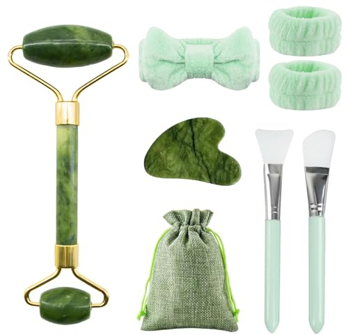 Yuaerbuo Guasha pour Visage, Rouleau de Massage, Appareil Massage Visage, Kit Massage Gua Sha Masseur Pierre Visage, Jade Roller Kits avec Sacs de Rangement/Outils (Vert Jade)