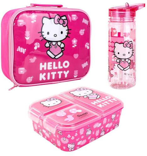 Hello Kitty Juego de lonchera para niños, bolsa de almuerzo aislada, lonchera multicompartimento y botella de agua de 580 ml, juego de comida para el almuerzo de viaje escolar, sin BPA