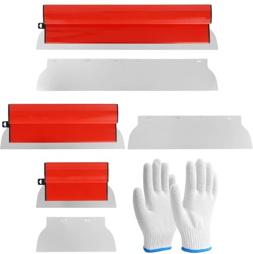 7-teiliger FläChenspachtel Set – mit 0,5 mm Edelstahlklingen, 60 cm / 40 cm / 25 cm große Klingen mit Schutzhüllen, Z-förmigem Griff und Handschuhen, ideal für Gipskarton, Hausrenovierung