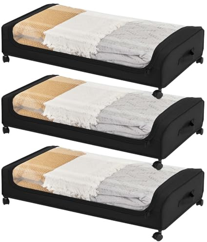 Boic 3 Pezzi Contenitore Sottoletto Con Ruote, Contenitori Sottoletto Con Quattro Rotelle Girevoli A 360° Organizer Sotto Letto Contenitore Vestiti Telaio In Metallo Per Asciugamani, Vestiti (Nero)