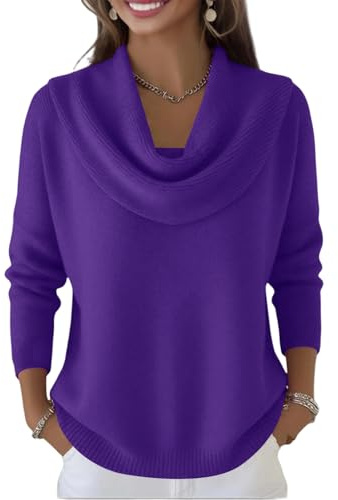 Pull tricoté à col bénitier pour femme - Pull drapé à manches longues - Coupe décontractée - Pull en tricot côtelé en peluche douce - Élégant - Pull décontracté et ample - Hauts en tricot, violet, XL