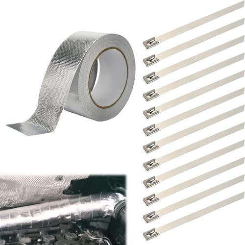 Hitzeschutzband Auspuff 10m X 5cm,Auspuffband,Auspuff Dichtband Selbstklebend mit 12 Kabelbinder,Aluminium Klebeband,Alu Klebeband Hitzebeständig,Exhaust Auspuffdichtung für Schlauch und Auto Motorrad