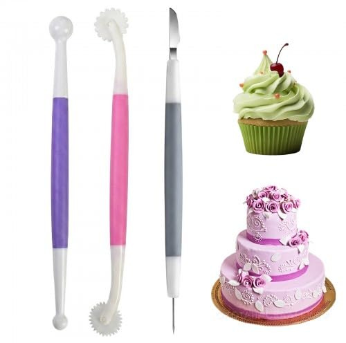 3 Pcs Fondant Tools and Clay Tools Set, Plastic Cake Decorating Tools, Double-Ended Modelling Knife and Fondant Cutter for Baking Accessories, Icing Sugar, Chocolate and Clay Modelling