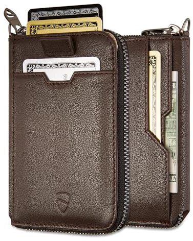 Vaultskin Notting Hill Cartera Hombre y Mujer de Piel con Cremallera, Tarjetero RFID, Billetera Slim con Bolsillos Externos y Correa Inteligente Retráctil (Marrón)