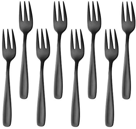 BISDARUN Edelstahl Kuchen Gabel 3 Zinken Obst Gabel 8-teilig Schwarz Gabeln Satz Spiegelpolitur ideal für Hochzeitsfest Dessert