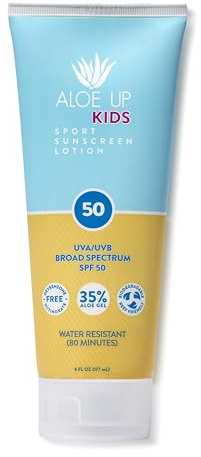 Aloe Up Kids Sport Sunscreen Lotion SPF 50 - Broad Spectrum Sheer Face and Body Sunscreen Protector for Sensitive Skin - With Aloe Vera Gel - Dries Fast - Reef Safe - Fragrance-Free - 6 Oz