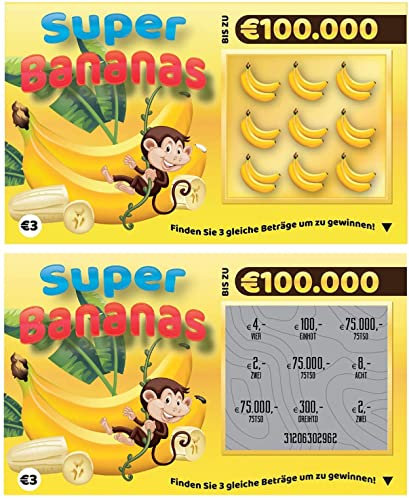Rubbellos Articolo scherzoso – Fake Lotto profn – Ogni Los include un Jackpot divertente – perfetto per pranare. Lotto MEGA Jackpot! (1 x Super Bananas)