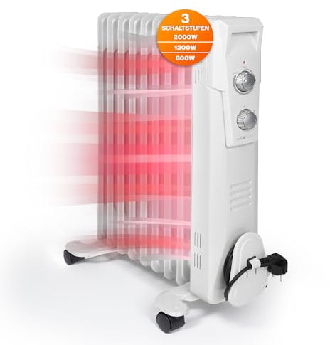 Clatronic® Radiatore ad Olio | efficiente Riscaldamento Mobile | Riscaldamento Elettrico con 9 nervature | Radiatore con 3 Livelli di Potenza | radiatore Slimline | Fino a 40 mq | 2000 Watt | RA 3736