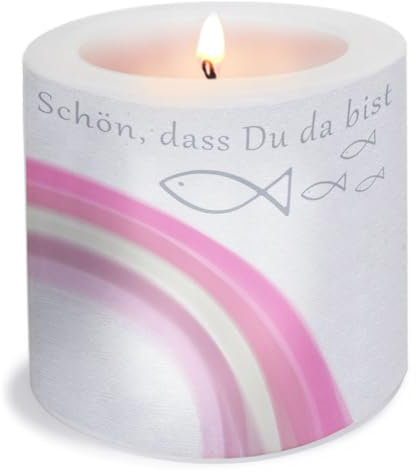 Serviettenshop Vela redonda Rainbow Fishes rosa | comunión, confirmación, bautismo para niñas con arco iris y peces, hermosa que estés allí | diámetro 8 cm | altura 7,5 cm