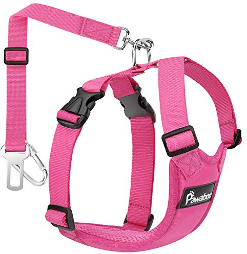 Pawaboo Cinturón de Arnés de Chaleco de Seguridad para Perros, Mascotas Arnés Ajustable para Automóvil con Hebilla, Seguridad de Conducción de Perros y Gatos Medianos, M - Rosa Roja