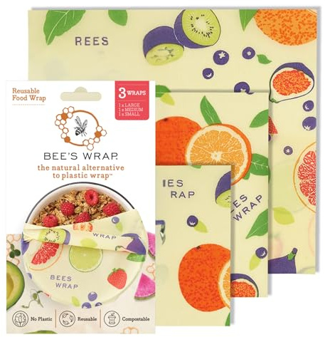 Plastic Free Bee's Wrap Assorted 3 Pack, Made in USA, Eco Friendly Reusable Beeswax Food Wraps, Sustainable, Zero Waste Alternative for Food Storage - 1 Small, 1 Medium, 1 Large (Fresh Fruit Pri