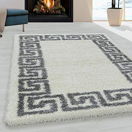 Carpetsale24 Designer Hochflor Teppich, Mäander Design, Flauschiger Langflor Teppich, Shaggy Flokati, Rechteckig, Pflegeleicht, Läufer Teppich, Größe:80 x 150 cm, Farbe:Creme-Grau