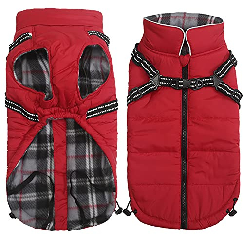 MOREZI Winterhundejacke, wasserdichte Außenschicht, Fleecefutter, Rückenreißverschluss-Design, mit reflektierenden Streifen und Riemen, geeignet für kleine und mittelgroße Hunde-Rot-M