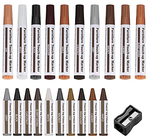 Kit di riparazione per mobili, 21 penne per ritocchi in legno, pennarelli per riparazione mobili e bastoncini di cera con temperamatite per macchie, graffi, pavimenti, tavoli, falegnami, ritocchi