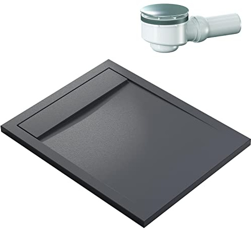 BERNSTEIN Duschtasse 100x80 cm Anthrazit Matt Flache Bauhöhe, Duschwanne aus Mineralguss, Rechteckiges Duschbecken mit Gefälle, Mineralguss-Duschwanne komplett inkl. Dallmer-Ablauf Orio