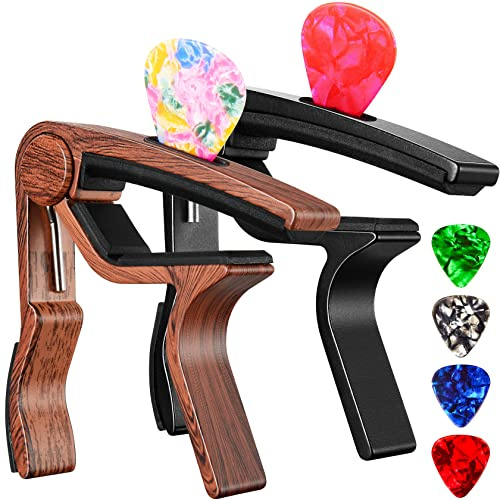 Capo - Cejilla para guitarra eléctrica acústica, ukelele – Paquete de 2 pinzas para guitarra Kapo con soporte para púas
