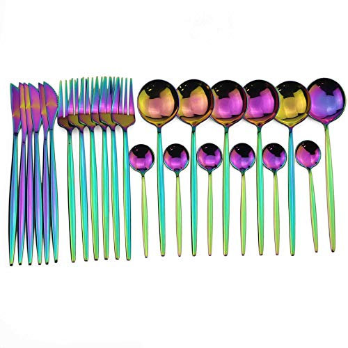 24 stücke Gold Geschirr Set 18/10 Edelstahlbesteck Set Gabelmesser Löffel Geschirr Set Flatware Set Silberwaren Set essgeschirr (Color : 24pcs Rainbow)