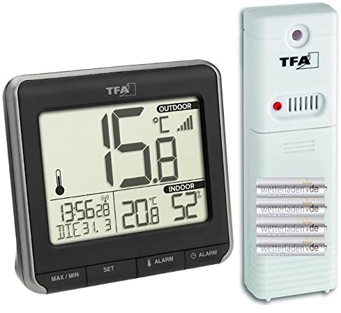 TFA Dostmann Prio Thermometer innen/aussen, 30.3069.01, digital, inkl. Außensender, mit Funkuhr, Datum, Wochentag, schwarz mit Batterien