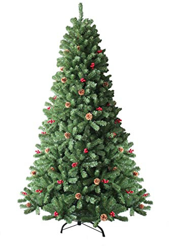 6Ft/1.8m Artificial Christmas Tree Maryland Fir Green Pine Tips Decorated with Red Berries and Pine Cones Xmas Home Decorations Metal Stand