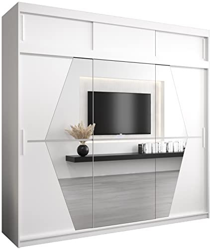 KRYSPOL Schwebetürenschrank Boliwia 250 cm mit Spiegel Kleiderschrank mit Kleiderstange und Einlegeboden Schlafzimmer- Wohnzimmerschrank Schiebetüren Modern Design (Weiß mit Erweiterung)