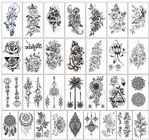 Muzrunq Tatuaggi temporanei Adesivo per Tatuaggi Floreali TATUOO Lungo Lungo Lungo FINOO BLACO Realistic Floral Body Tatuaggi temporanei per Donne Girl 30sheets