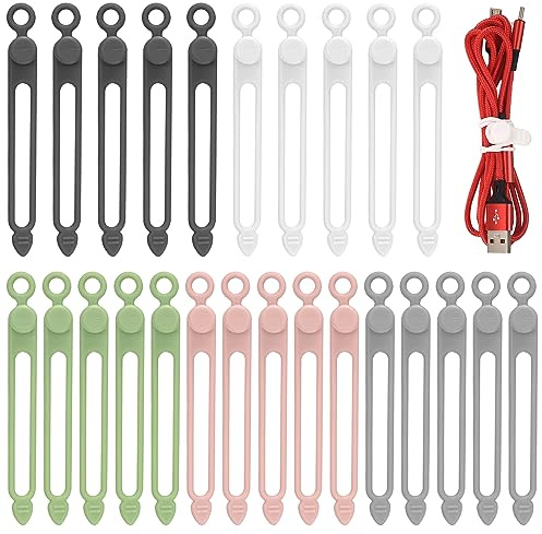 25 Pcs Silicone Cable Ties, Reusable Cable Straps Wire Organizer, Cable Management Cord Organizer for Fastening Earphone Phone Charger Home Office Desk Kitchen Appliances Cable Cords Wires