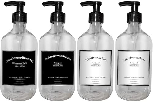 seifenspend Kunststoff, 4er Set Seifenspender 500ml mit Etiketten, pumpflaschen Set Badezimmer, Shampoo Flasche (500ml Transparent)