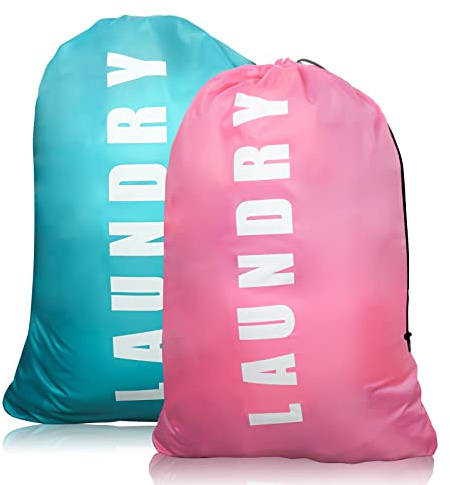 Extra großer Reise-Wäschesack mit Kordelzug, 61 x 91,4 cm, strapazierfähige Ripstop-Schultertasche für schmutzige Kleidung, für Reisen, Badezimmer, Zuhause oder Schlafsaal, 2 Stück (Blau/Rosa)