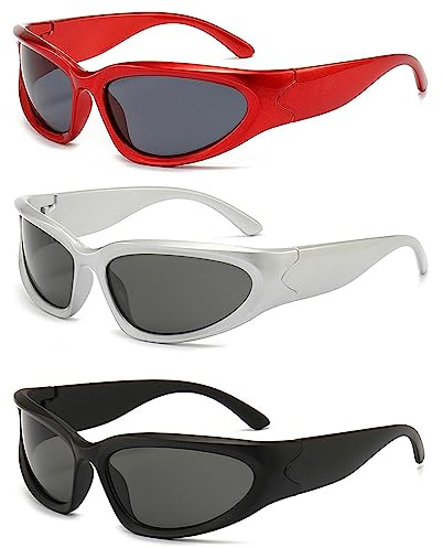 Brateuanoii 3 Paar Polarisierte Sport S-onnenbrille Herren Damen, Mode Sonnenbrille, Wraparound Futuristische Sonnenbrille Brille, Punk Sportbrille Y2K Coole Techno Brillen, Drei Farben UV400 Schutz