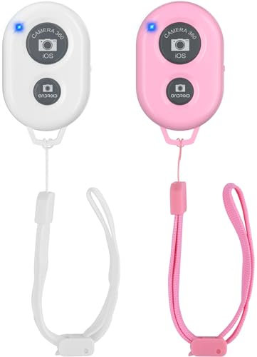Wireless Camera Remote Shutter for Smartphones 2 Pack, Wireless Phone Camera Remote Control Compatible with iPhone/Android/Bluetooth Devices, Bluetooth Clicker, Wrist Strap Included, White Pink