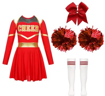 iiniim Mädchen Cheer Leader Kostüm Langarm Cheer Kleid mit Pompoms Socken Cheerleading Uniform Cosplay Halloween Karneval Fasching Aa Rot A 146-152