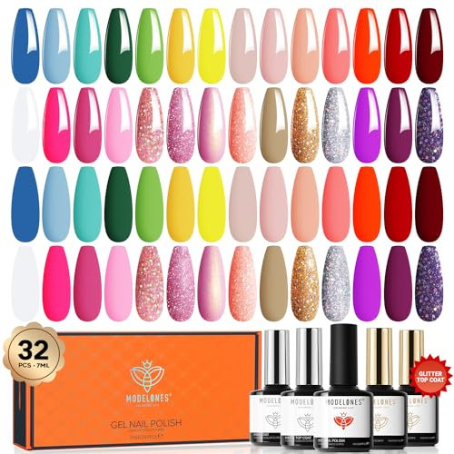 Modelones 32-teiliges UV-Nagellack-Set - 28 Farben mit Base Coat, Matt, Glänzend & Glitter Top Coat - Pink, Rose, Nude, Rot, Grün - Soak Off Starter Kit für Maniküre ihr Weihnachtsgeschenkbox - 7ml
