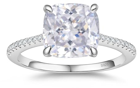 BAGUTTA PAVONE 1.5CT CZ Cushion Cut Engagement Rings for Women,Women’s 925 Sterling Silver Solitaire Wedding Bands Engagement Promise Rings for Her with 18K White Gold Plated Size 8