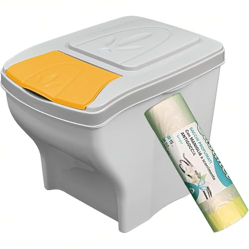 Sicignano Pattumiera Singola Raccolta Differenziata, 20 Lt, Plastica - Coperchio Colorato, Design Ondulato, Componibile, Sottolavello - Omaggio 15 Sacchetti Immondizia Profumati (Giallo, 2)